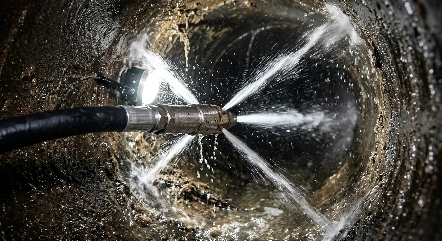 High-pressure hydro jetting nozzle cleaning sewer pipe for Sewer Cleanout in North Haledon