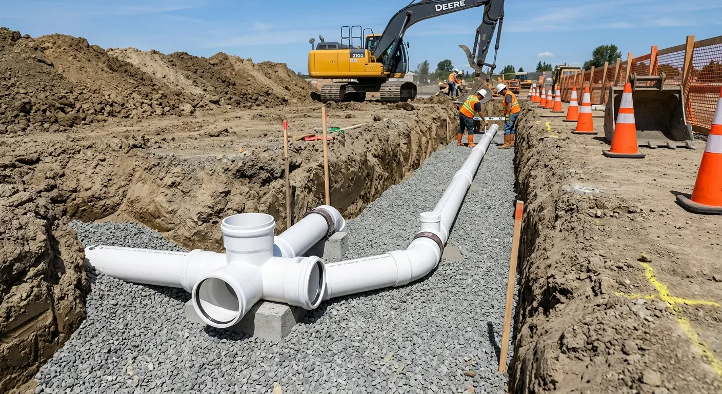 New PVC sewer pipe installation in open trench for Commercial Drain Cleaning in North Haledon