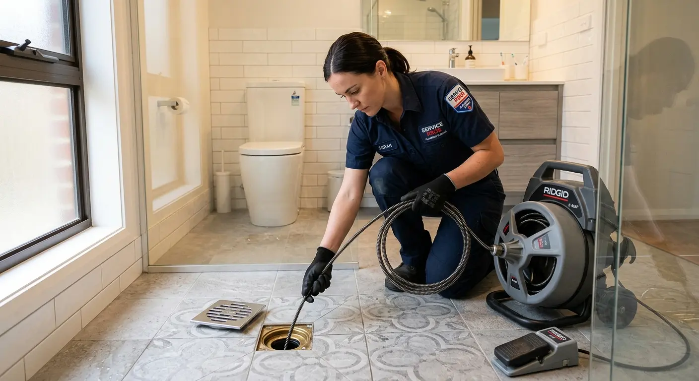 Technician clearing a bathroom floor drain for Drain Cleaning in North Haledon